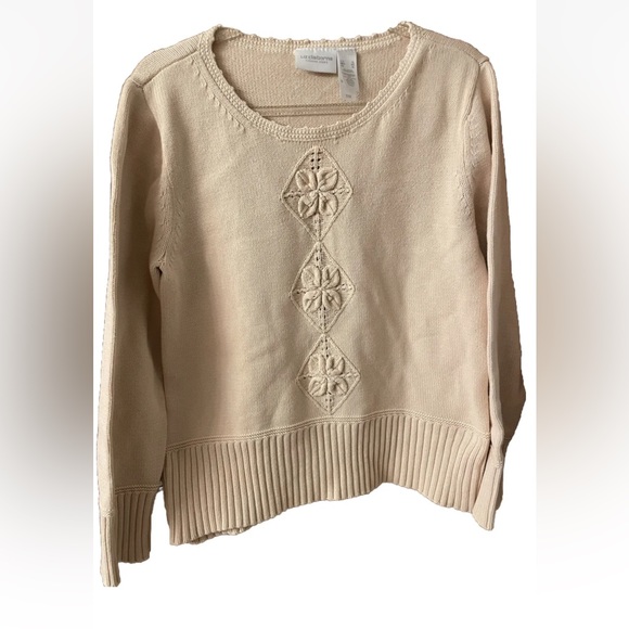 Vintage Liz Claiborne light beige cable knit sweater, scalloped edging size XL - Picture 1 of 7